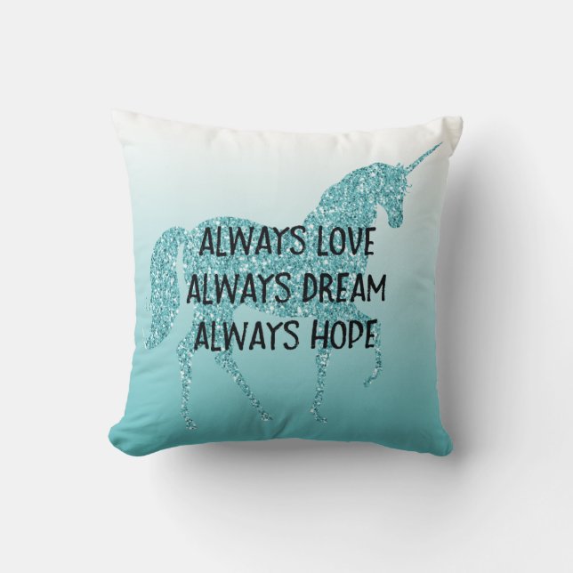 Girly Glitzy Glitter Aqua Unicorn Kussen (Voorkant)