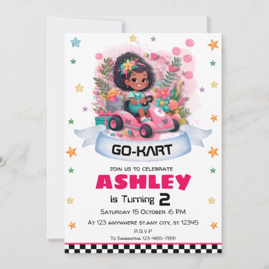 Girly Go Kart Uitnodiging voor verjaardag (Voorkant)