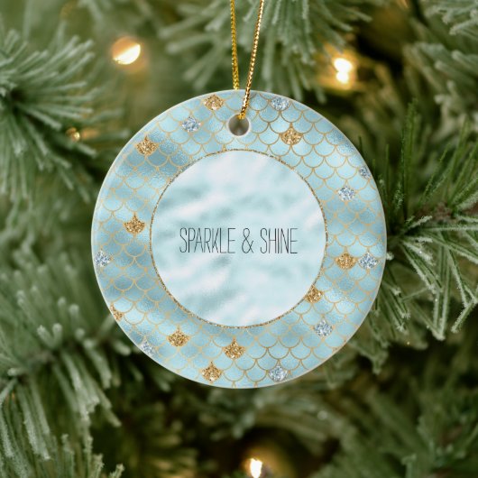 Girly Gold Aqua Blue Glitter Zeemeermin Quote Keramisch Ornament (Boom)