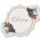 Girly Gold Bourgogne Pioenen Naam Floral Geometric Sticker (Voorkant)