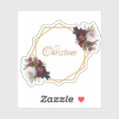 Girly Gold Bourgogne Pioenen Naam Floral Geometric Sticker (Vel)