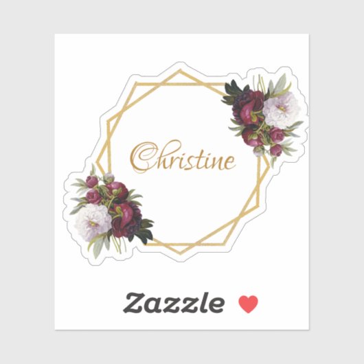 Girly Gold Bourgogne Pioenen Naam Floral Geometric Sticker (Vel)