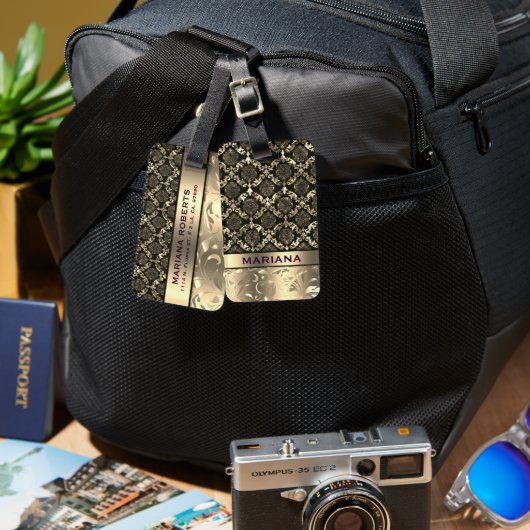 Girly Gold Damasks & Metallic Swirls Bagagelabel (Voorkant /achterkant)