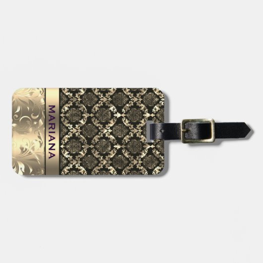 Girly Gold Damasks & Metallic Swirls Bagagelabel (Voorkant horizontaal)