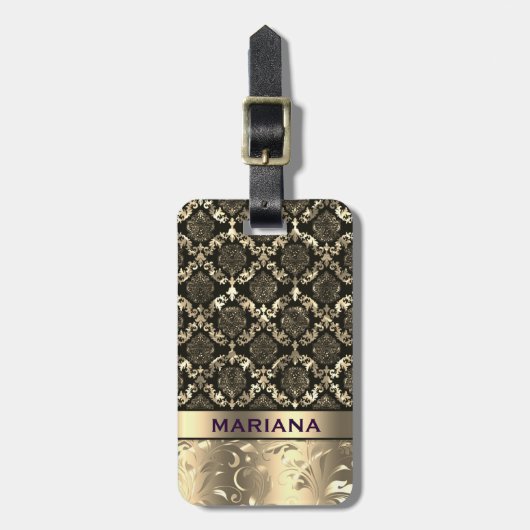 Girly Gold Damasks & Metallic Swirls Bagagelabel (Voorkant verticaal)