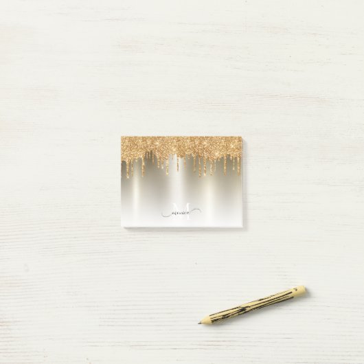 Girly Gold Dripping Glitter Monogram Naam Post-it® Notes (Op bureau)