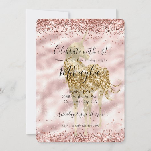 Girly Gold Eenhoorn Roze Glitter Sparkle Confetti Kaart (Voorkant)