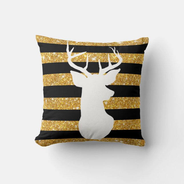 Girly Gold Faux Glitter Antler Black Stripes Kussen (Voorkant)