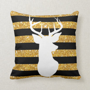 Girly Gold Faux Glitter Antler Black Stripes Kussen