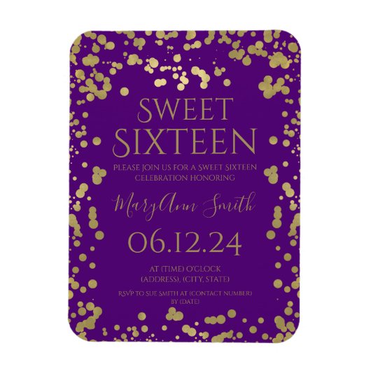 Girly Gold Foil Confetti Sweet 16 Invite Paars Magneet (Verticaal)