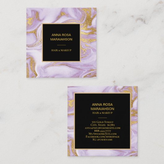 ** Girly Gold Folie Aderen Lavendel Marmer Modern Vierkante Visitekaartje (Voorkant / Achterkant)