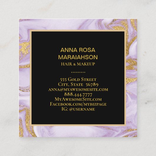 ** Girly Gold Folie Aderen Lavendel Marmer Modern Vierkante Visitekaartje (Achterkant)