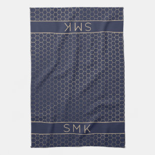 Girly Gold Folie Marine Blauw Geometrisch Monogram Theedoek