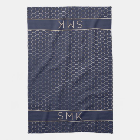 Girly Gold Folie Marine Blauw Geometrisch Monogram Theedoek (Verticaal)