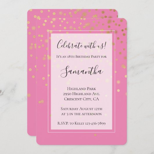 Girly Gold Glam Confetti Stippen Roze Verjaardag Kaart (Voorkant / Achterkant)