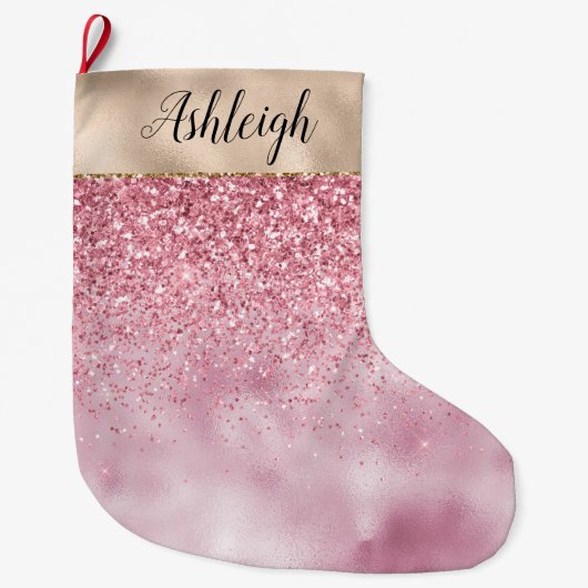 Girly Gold Glam Pink Glitzy Glitter Sparkle Name Grote Kerstsok (Voorkant)