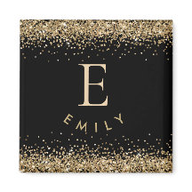 Girly Gold Glitter Black Monogram Initiaal Name