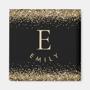 Girly Gold Glitter Black Monogram Initiaal Name Magneet