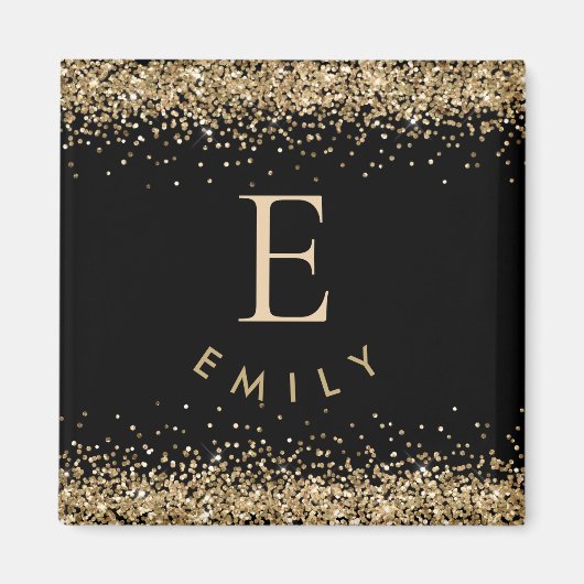 Girly Gold Glitter Black Monogram Initiaal Name Magneet (Voorkant)