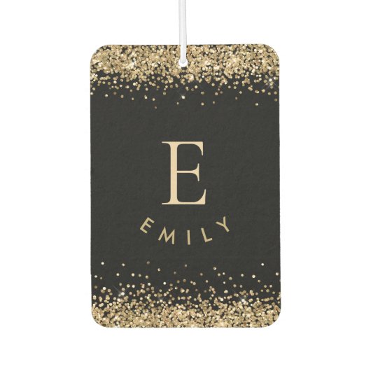 Girly Gold Glitter Black Monogram Name Initiaal Luchtverfrisser (Voorkant)