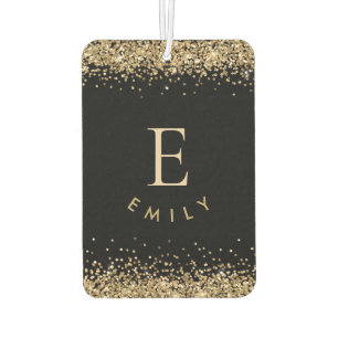 Girly Gold Glitter Black Monogram Name Initiaal Luchtverfrisser