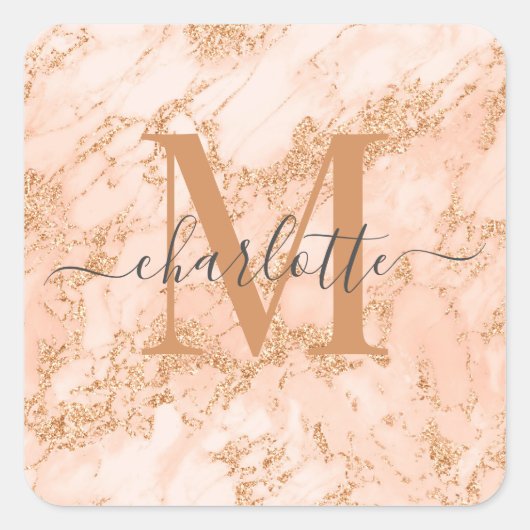 Girly Gold Glitter Blush Pink Marble Monogram Naam Vierkante Sticker (Voorkant)