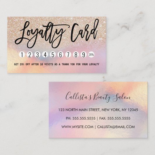 Girly Gold Glitter Iridescent Holographic Ombre Klantenkaartje (Voorkant / Achterkant)