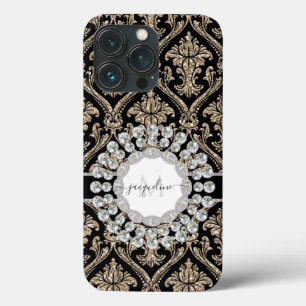 Girly Gold Glitter Jewels w Black Damask Monogram Case-Mate iPhone Case