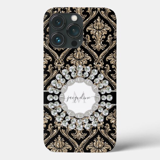 Girly Gold Glitter Jewels w Black Damask Monogram Case-Mate iPhone Case (Achterkant)