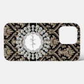 Girly Gold Glitter Jewels w Black Damask Monogram Case-Mate iPhone Case (Achterkant (horizontaal))