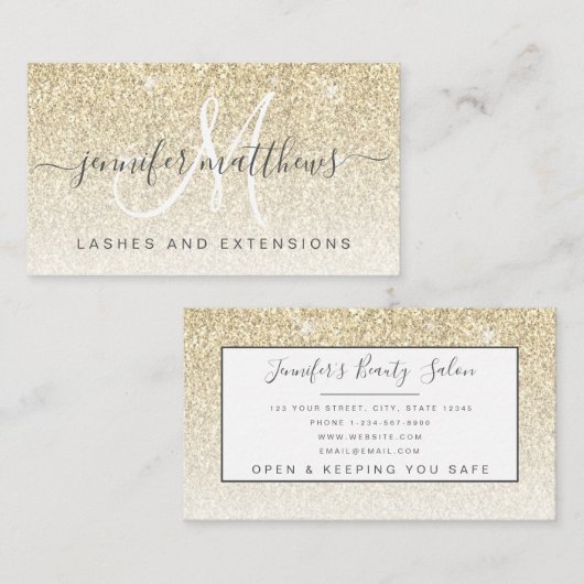 Girly Gold Glitter Lashes Salon Open Covid Safety Visitekaartje (Voorkant / Achterkant)