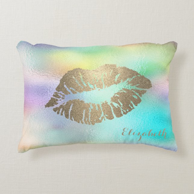 Girly Gold Glitter Lips Holographic Iridescent Accent Kussen (Voorkant)