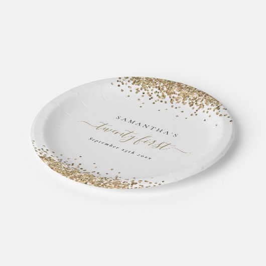 Girly Gold Glitter Name Date 21e party Papieren Bordje (Gekanteld)