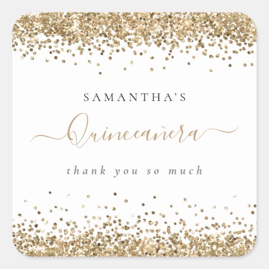 Girly Gold Glitter Name Quinceañera Hartelijk dank Vierkante Sticker (Voorkant)