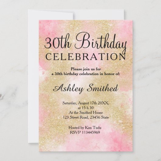 Girly gold glitter roze waterverf 30e verjaardag kaart (Voorkant)