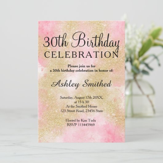 Girly gold glitter roze waterverf 30e verjaardag kaart (Staand voorkant)