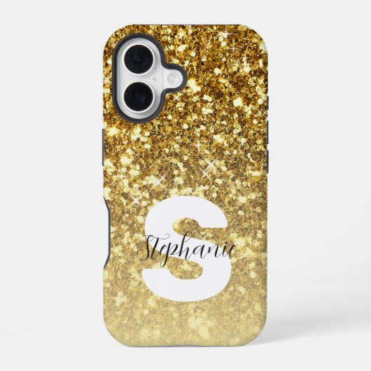 Girly Gold Glitter Sparkles Monogram Script Name iPhone 16 Hoesje (Achterkant)