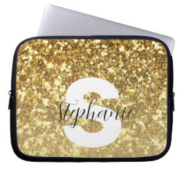 Girly Gold Glitter Sparkles Monogram Script Name Laptop Sleeve