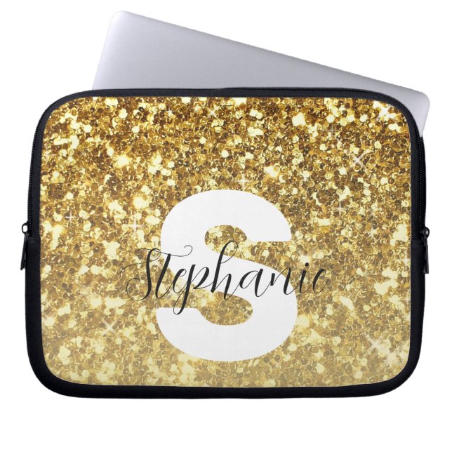 Girly Gold Glitter Sparkles Monogram Script Name Laptop Sleeve (Voorkant)