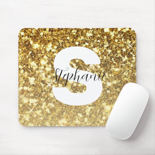 Girly Gold Glitter Sparkles Monogram Script Name Muismat (Met muis)