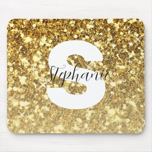 Girly Gold Glitter Sparkles Monogram Script Name Muismat (Voorkant)