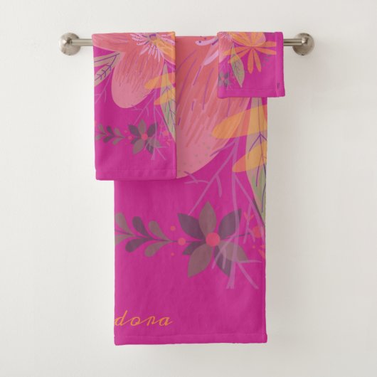 Girly Gold Leaf Fuchsia Flower Bad Handdoek (Insitu)