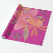 Girly Gold Leaf Fuchsia Flower Cadeaupapier (Uitgerold)
