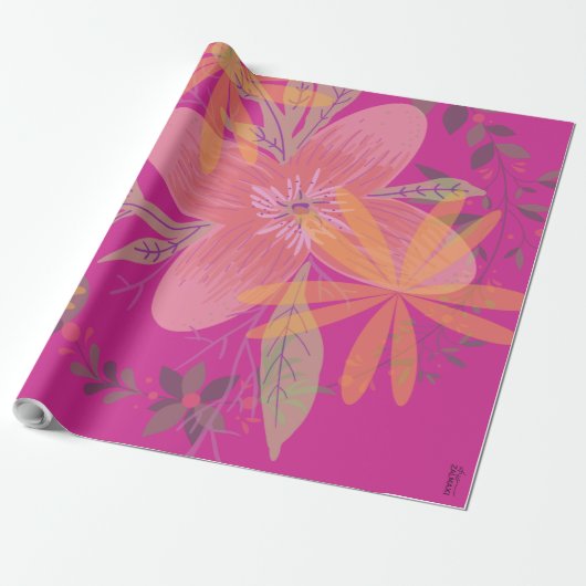 Girly Gold Leaf Fuchsia Flower Cadeaupapier (Uitgerold)