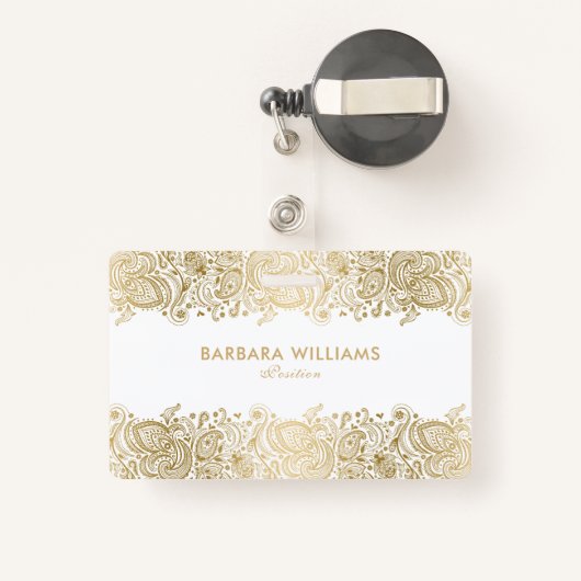 Girly Gold op White Floral Paisley Lace Badge (Achterkant met intrekbare)