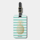 Girly Gold Pineapple Mint White Stripes Bagagelabel (Voorkant verticaal)
