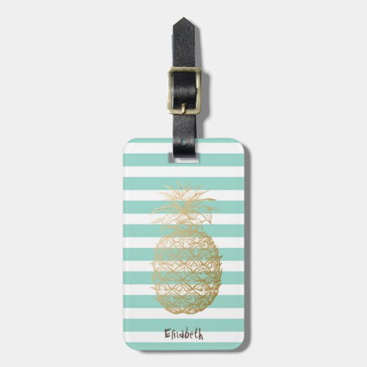 Girly Gold Pineapple Mint White Stripes Bagagelabel (Voorkant verticaal)