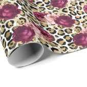 Girly Gold Pink Floral Leopard Print Cadeaupapier (Rol Hoek)