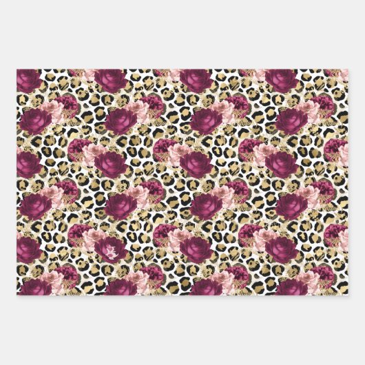 Girly Gold Pink Floral Leopard Print Inpakpapier Vel (Voorkant 3)