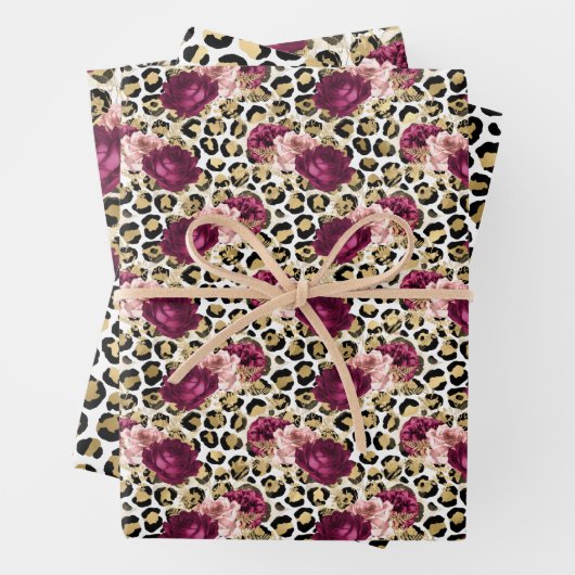 Girly Gold Pink Floral Leopard Print Inpakpapier Vel (In situ)
